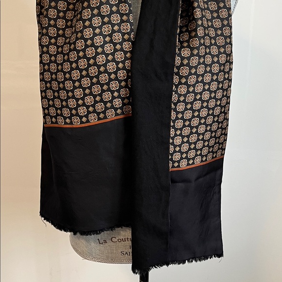 Vintage Silk Wool Black Brown Patterned Double Sided Scarf - Picture 3 of 7
